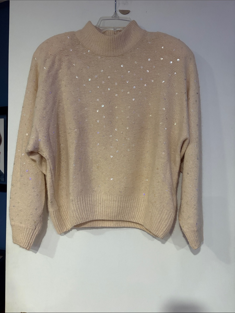 VTG Carriage Court Angora Silk Sequin Knit Sweater Cream Mock Neck Large